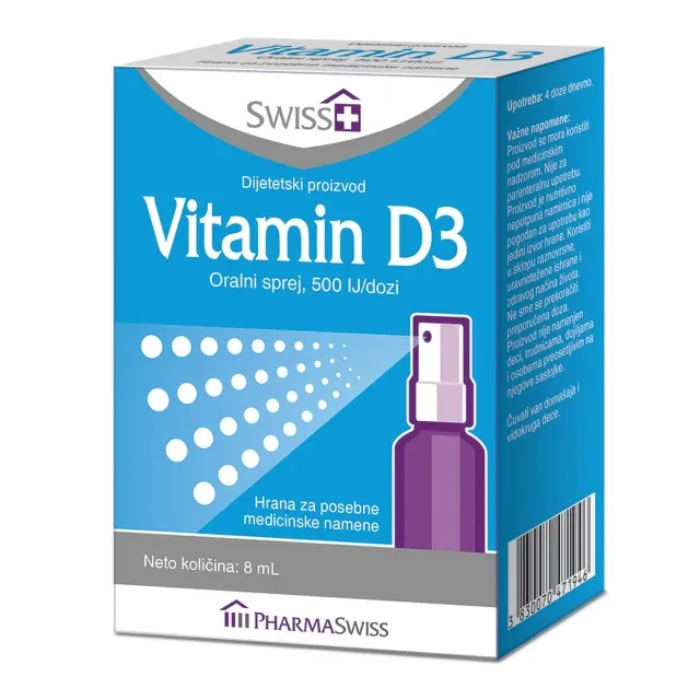 Swiss+ Vitamin D3 Oralni Sprej 500 Ij 8 Ml